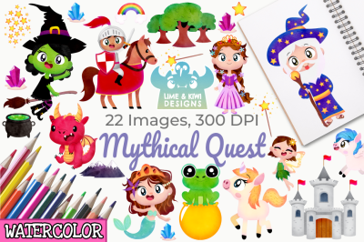 Mythical Quest Watercolor Clipart, Instant Download