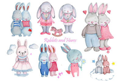 Watercolor hand drawn Rabbits and Hares