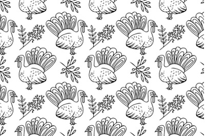 turkey, rowan and leaves seamless pattern