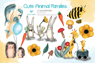 Cute families of animals: set of 17 illustrations