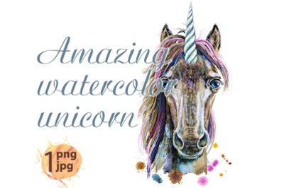 Watercolor portrait of a magical brown unicorn