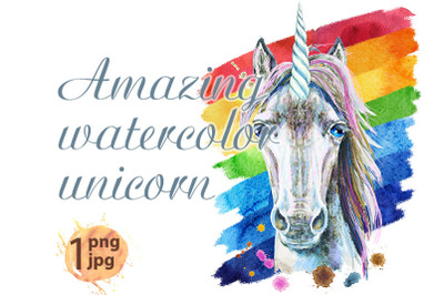 Watercolor portrait of a white unicorn with a rainbow