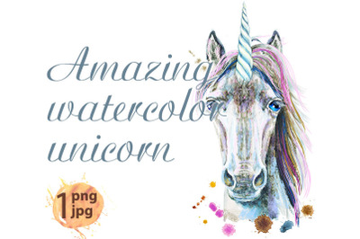 Watercolor portrait of a white unicorn with a pink mane