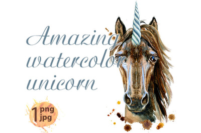 Watercolor portrait of a magical brown unicorn