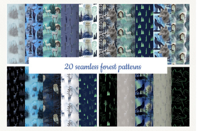 Set of 20 winter forest seamless patterns