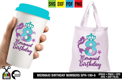 Mermaid Birthday numbers, Eighth Birthday, Mermaid numbers SPH-190-8