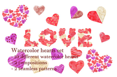 watercolor hearts set