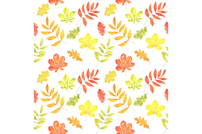 Watercolor autumn seamless pattern with oak, chestnut, ashberry leaves