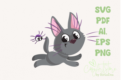 Black kitten SVG download, Cute cat PNG, Grey kitten with spider Hallo