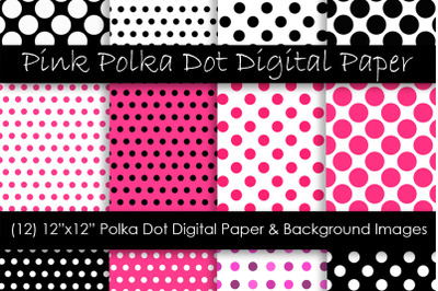 Pink and Black Polka Dot Digital Paper - Pink Polka Dot Backgrounds