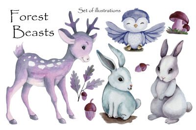 Collection of watercolor forest animals.