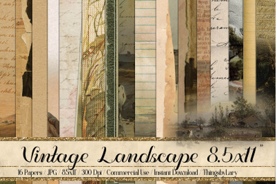 16 Vintage Landscape Postcard Nature Digital Papers 8.5x11&quot;