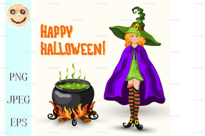 Witch, cauldron with poison and Halloween title