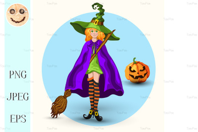 Witch in the green hat and pumpkin lantern