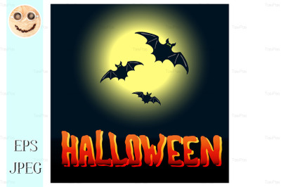 Halloween flyer with flying bats and full moon over midnight backgroun