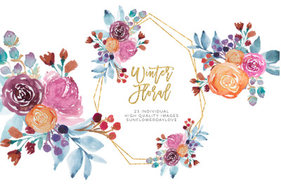 Winter Watercolor Flowers Clipart&2C; Winter Floral Clipart&2C; Boho Winter