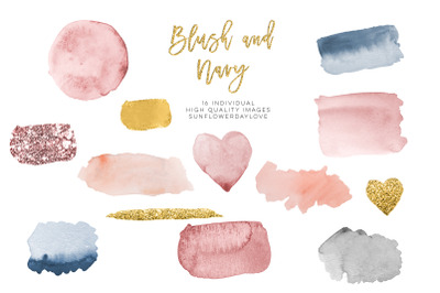 Blush &amp;amp; Navy Watercolor Gold clipart&2C; Watercolor brush strokes