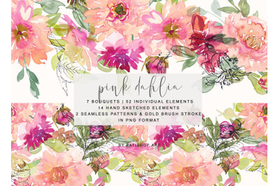 Watercolor Pink Dahlia Clipart Collection