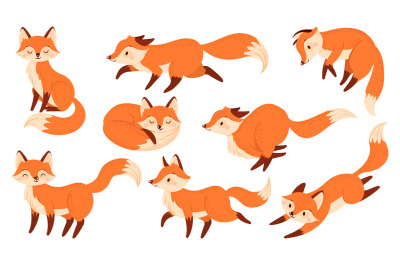 Cartoon red fox. Funny foxes with black paws, cute jumping animal vect