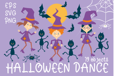 Halloween dance. Funny witches and black cats.