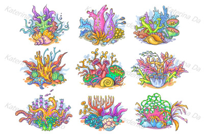 A set of colorful corals, sea and ocean life
