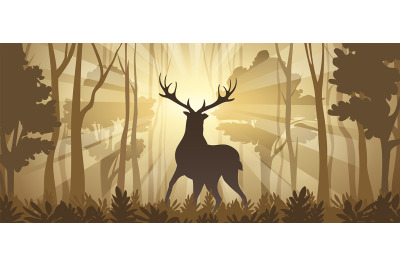 Deer in a Deep Forest Horizontal Illustration