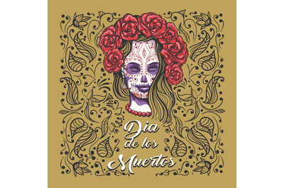 Day of The Dead Emblem. Woman with sugar skull makeup on a floral back