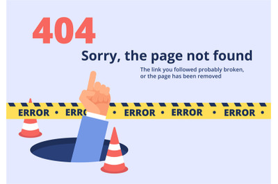 Not found concept. 404 error page design with hand holding message. Ve