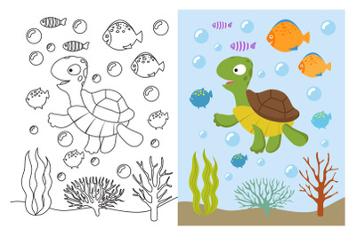 Turtle coloring pages. Cartoon swimming sea animals underwater. Vector