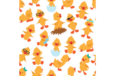 Baby duck seamless pattern. Cute ducklings kids album vector wallpaper