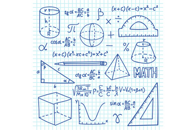 Doodle maths and geometry concept. Trigonometry functions, charts and