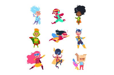 Superhero kids. Children wearing in superheroes costumes. Carton cospl