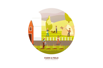 Organic farm products label design. Harvest&2C; agricultural banner vecto