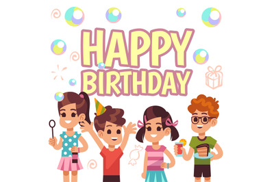 Kids birthday poster. Children on celebration party. Vector invitation