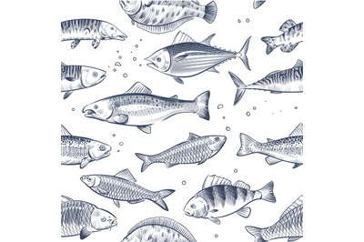 Sketch fishes seamless pattern. Etched ocean fish wrapper vector vinta