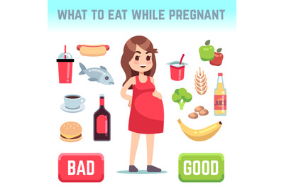 Pregnant woman dieting. Bad and good food during pregnancy. Pregnant f