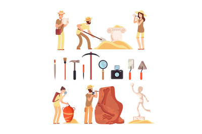 Archeology. Archeologist people, paleontology tools and ancient histor