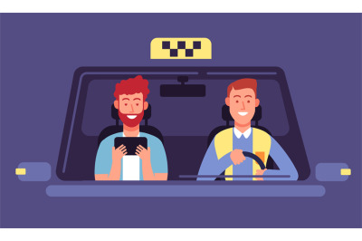 Taxi app. Client and taxi driver inside cab cabin. Taxi booking smartp