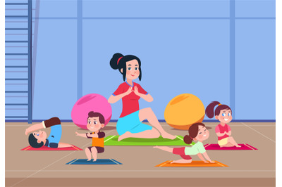 Kids in yoga class. Cartoon children with instructor doing yoga exerci