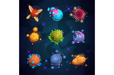 Cartoon fantastic planets. Fantasy alien planet objects for space game