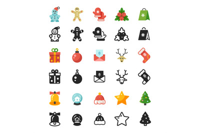 Christmas festive flat icons and silhouette icons isolated on white ba