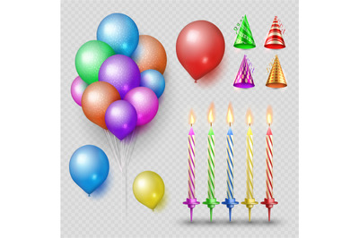 Party accessorises vector set. Realistic candles, balloons and party h