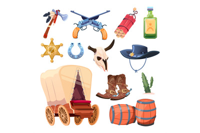 Wild west cartoon set. Cowboy boots&2C; hat and gun. Bull skull&2C; tomahawk