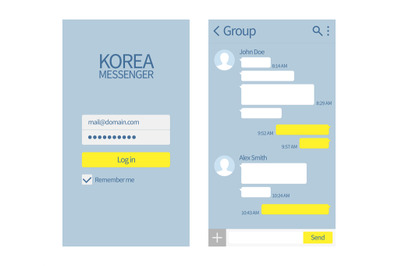 Korean messenger. Kakao talk interface with chat boxes and icons vecto