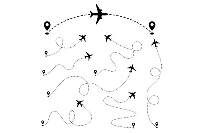 Airplane paths. Plane dashed tracing line from point. Vector set