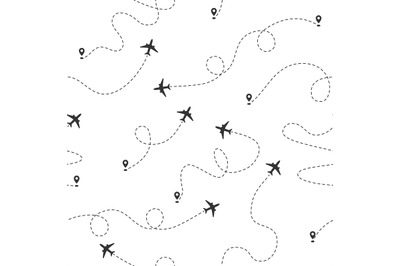 Airplane dotted flight line seamless pattern. Plane flying path. Trave