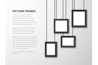 Blank hanging frames. Pictures, photo frames on light wall. Contempora