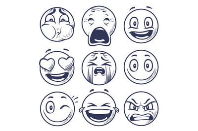 Sketch smiley. Smile expression icons&2C; emoticons faces. Hand draw vect