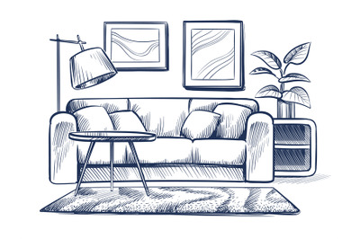 Sketch living room. Doodle house interior with couch, lamp and picture