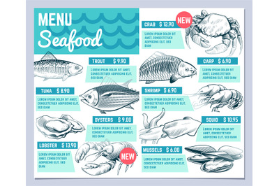 Fish restarant menu. Hand drawn fishes lobster and crab seafood restau